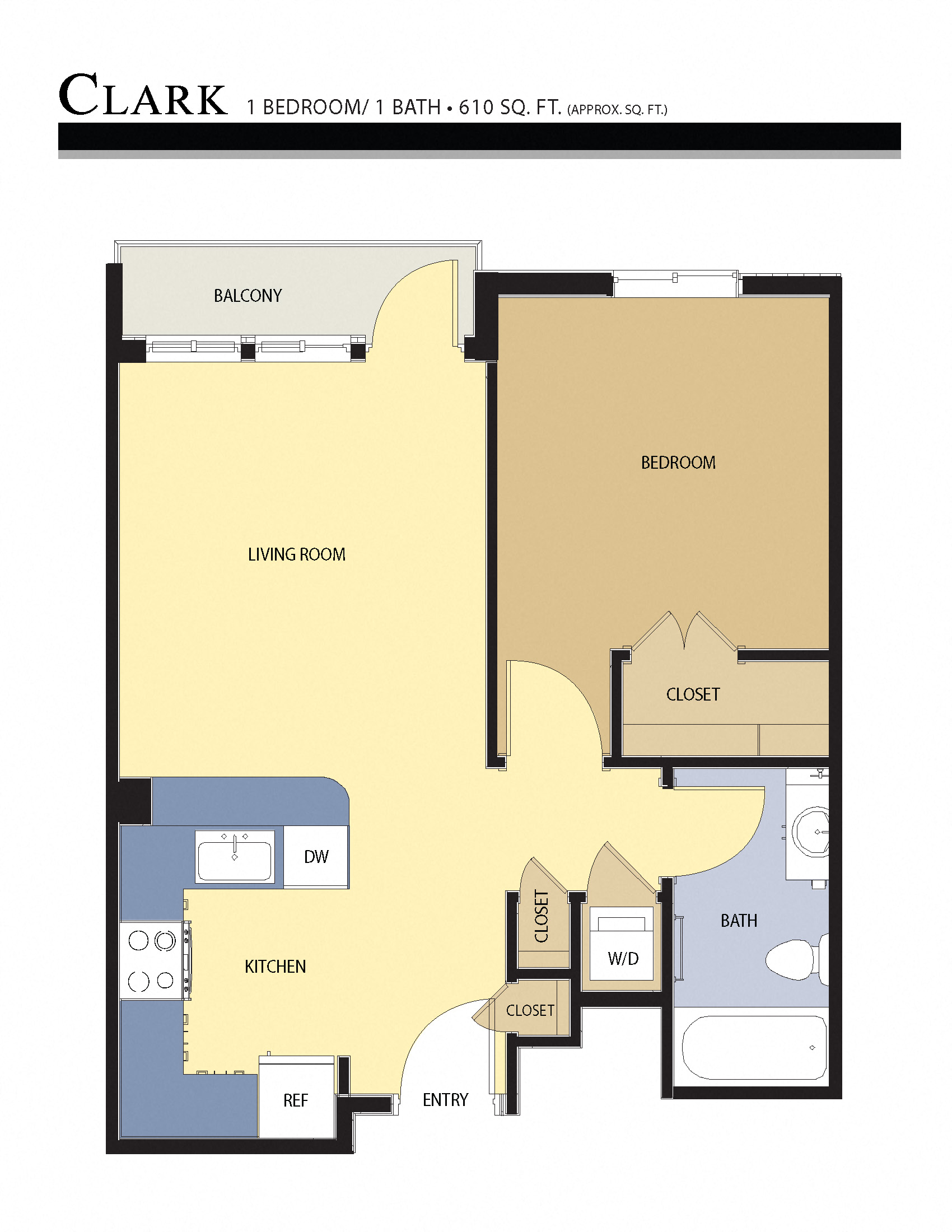 Floor plan for 1 bed, 1 bath, 610 sqft